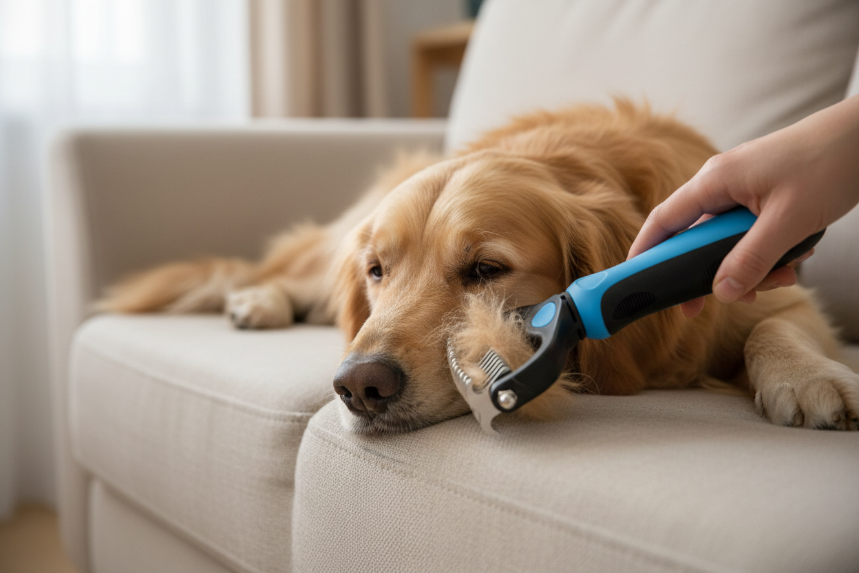 Close-up lifestyle photo of blue Grooming Rake lifting undercoat from Golden Retriever