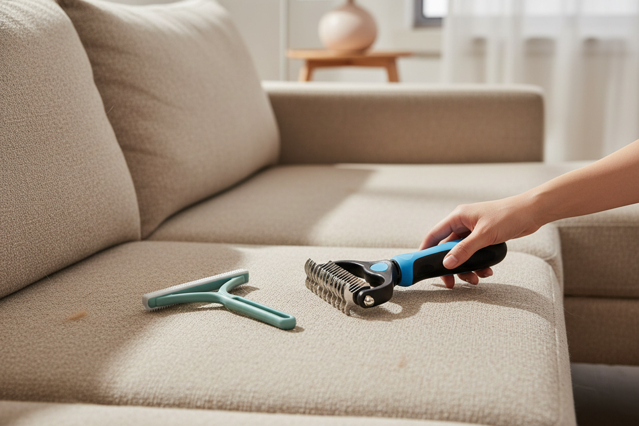 Editorial lifestyle photo of grooming tools on beige sofa
