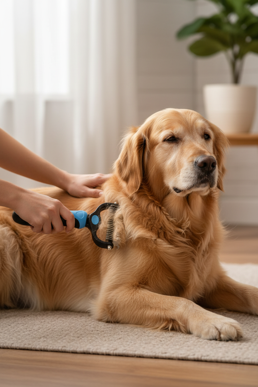 Vertical close-up of gentle body grooming with content dog