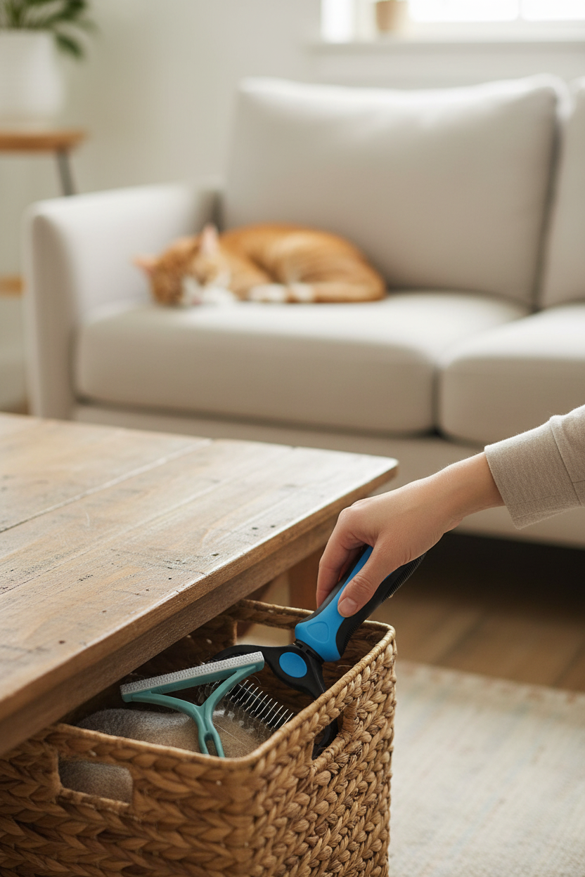 Vertical lifestyle photo of hand storing grooming tools in basket - Maintain Weekly