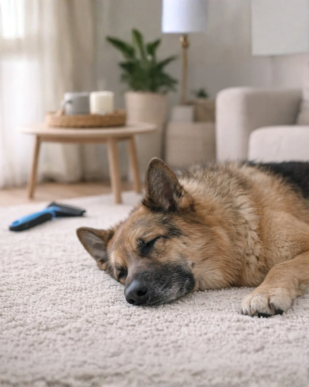 German Shepherd resting after grooming session